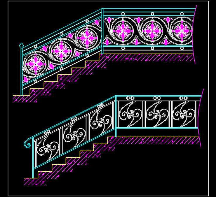 Metal Staircase Railing CAD Block with Decorative Patterns